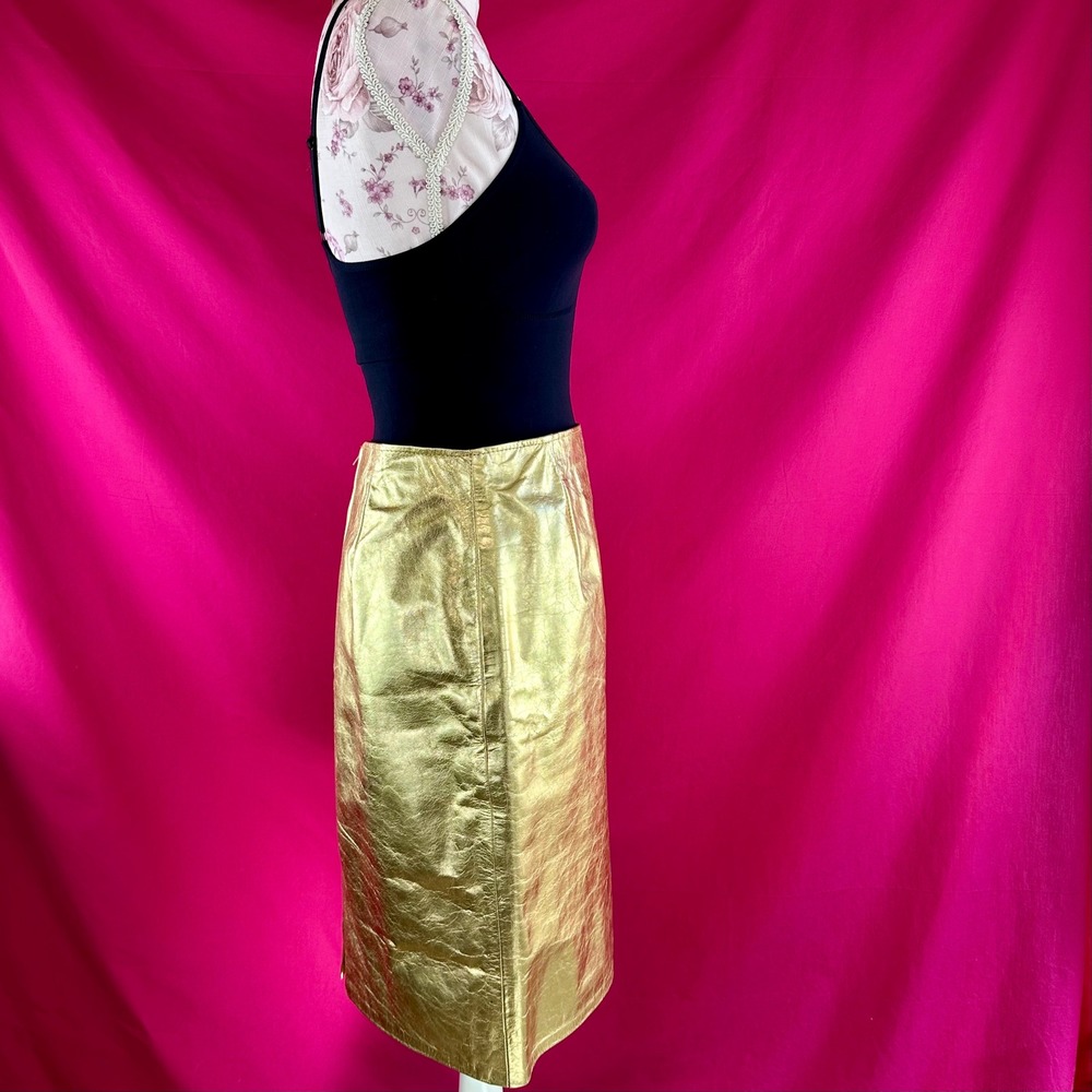 Vintage Gold Metallic Leather Mini Skirt Disco Glam Party Festival 90s Size 12 - Picture 11 of 16
